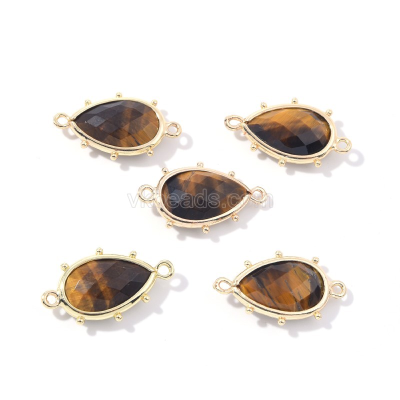 Gemstone Faceted Teardrop Double Rings Connectors, with Gold Plated Base Metal Findings, Approx 15x23mm, Sell by Piece