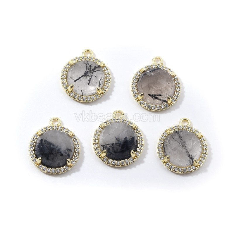 Gemstone Faceted Flat Round Charms, with Micro Pave CZ Gold Plated Base Metal Findings, Approx 13.5mm, Sell by Piece