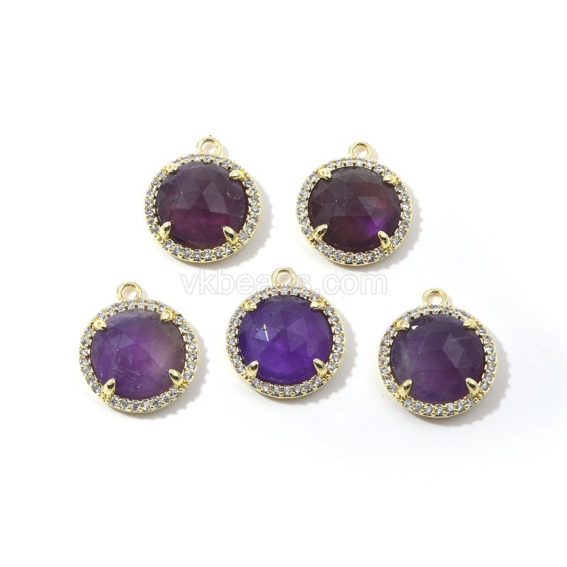 Gemstone Faceted Flat Round Charms, with Micro Pave CZ Base Metal Edge, Approx 13.5mm, Sell by Piece