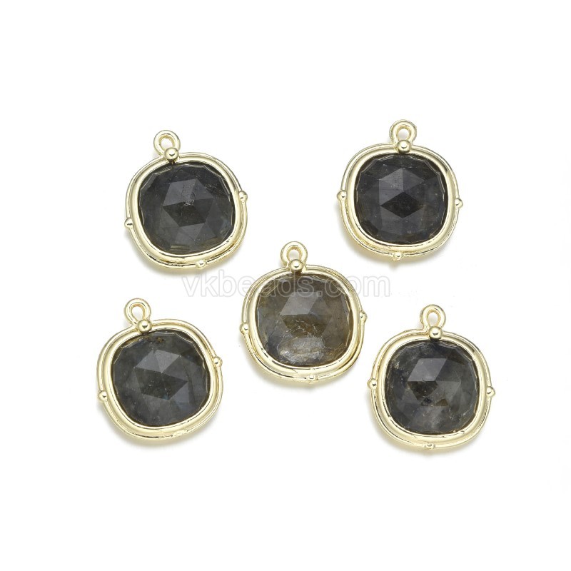 Gemstone Faceted Square Charm Pendants, with Base Metal Edge, Approx 13mm, Sell by Piece