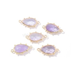 Gemstone Faceted Teardrop Double Rings Connectors, with Gold Plated Base Metal Findings, Approx 15x23mm, Sell by Piece
