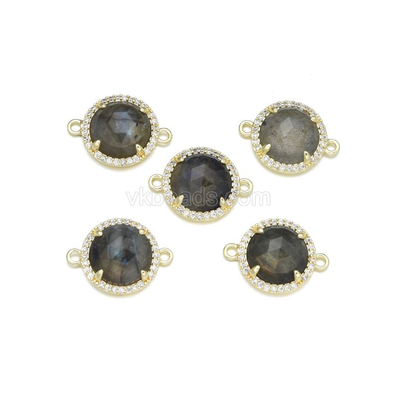 Gemstone Faceted Flat Round Double Rings Connectors, with Micro Pave CZ Base Metal Edge, Approx 13.3mm, Sell by Piece