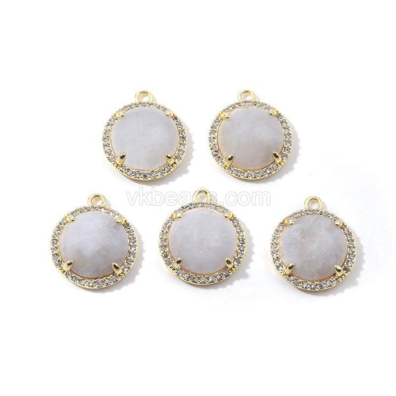 Gemstone Faceted Flat Round Charms, with Micro Pave CZ Base Metal Edge, Approx 13.5mm, Sell by Piece
