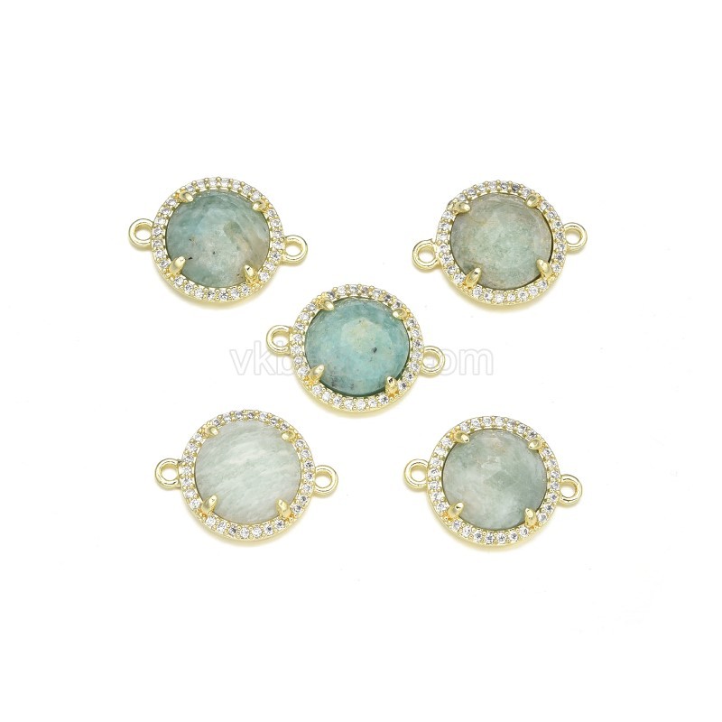Gemstone Faceted Flat Round Double Rings Connectors, with Micro Pave CZ Base Metal Edge, Approx 13.3mm, Sell by Piece