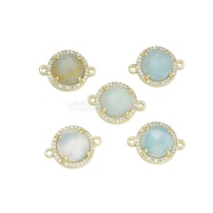 Gemstone Faceted Flat Round Double Rings Connectors, with Micro Pave CZ Gold Plated Base Metal Findings, Approx 13.3mm, Sell by Piece
