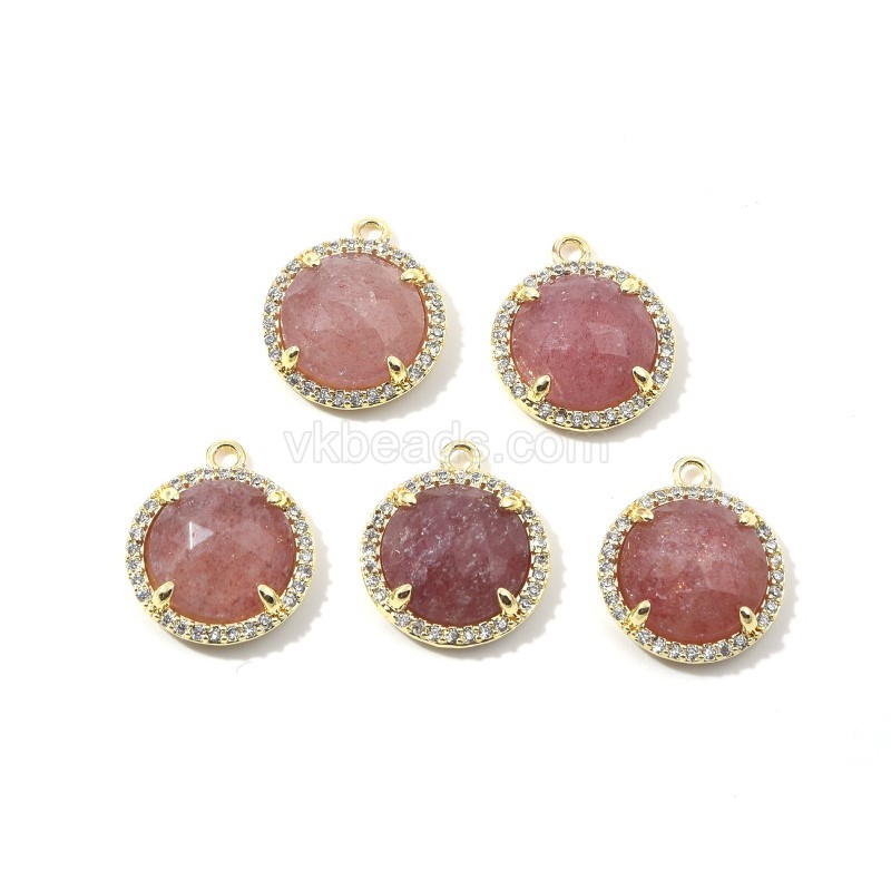 Gemstone Faceted Flat Round Charms, with Micro Pave CZ Base Metal Edge, Approx 13.5mm, Sell by Piece