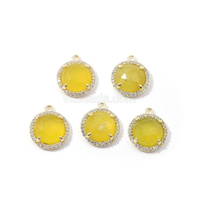 Gemstone Faceted Flat Round Charms, with Micro Pave CZ Base Metal Edge, Approx 13.5mm, Sell by Piece