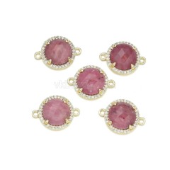 Gemstone Faceted Flat Round Double Rings Connectors, with Micro Pave CZ Base Metal Edge, Approx 13.3mm, Sell by Piece