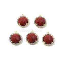 Gemstone Faceted Flat Round Charms, with Micro Pave CZ Gold Plated Base Metal Findings, Approx 13.5mm, Sell by Piece