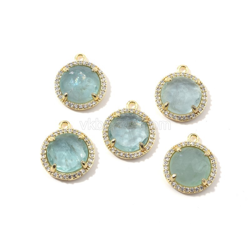 Gemstone Faceted Flat Round Charms, with Micro Pave CZ Base Metal Edge, Approx 13.5mm, Sell by Piece