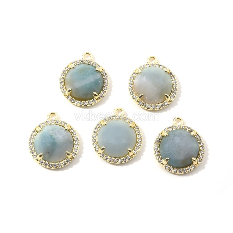 Gemstone Faceted Flat Round Charms, with Micro Pave CZ Gold Plated Base Metal Findings, Approx 13.5mm, Sell by Piece