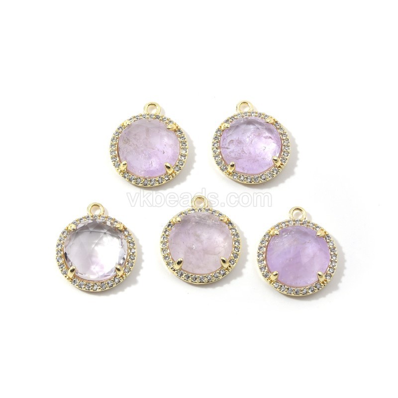 Gemstone Faceted Flat Round Charms, with Micro Pave CZ Gold Plated Base Metal Findings, Approx 13.5mm, Sell by Piece