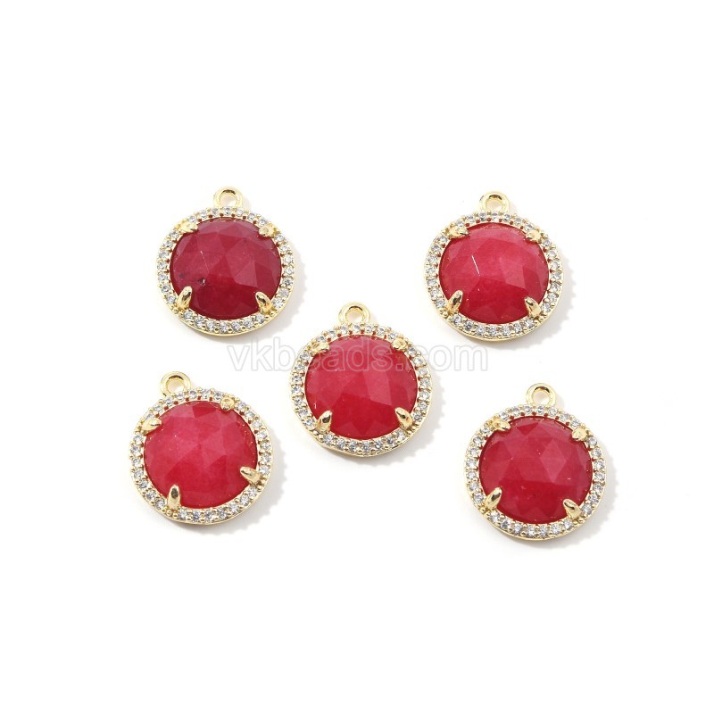 Gemstone Faceted Flat Round Charms, with Micro Pave CZ Base Metal Edge, Approx 13.5mm, Sell by Piece