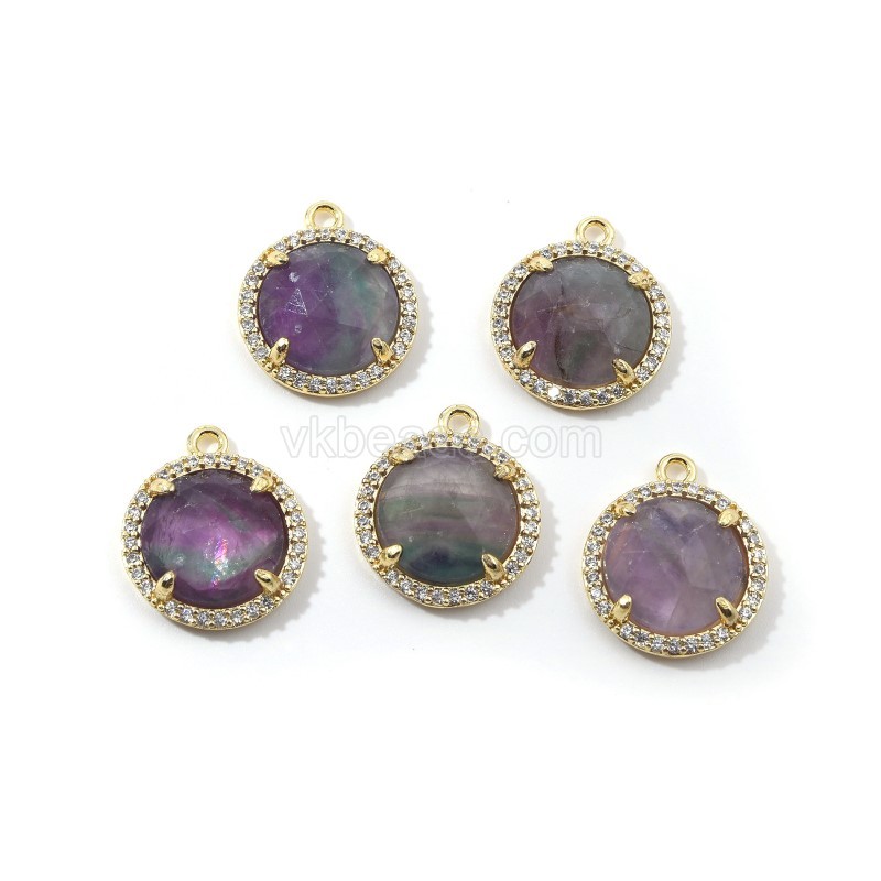 Gemstone Faceted Flat Round Charms, with Micro Pave CZ Gold Plated Base Metal Findings, Approx 13.5mm, Sell by Piece