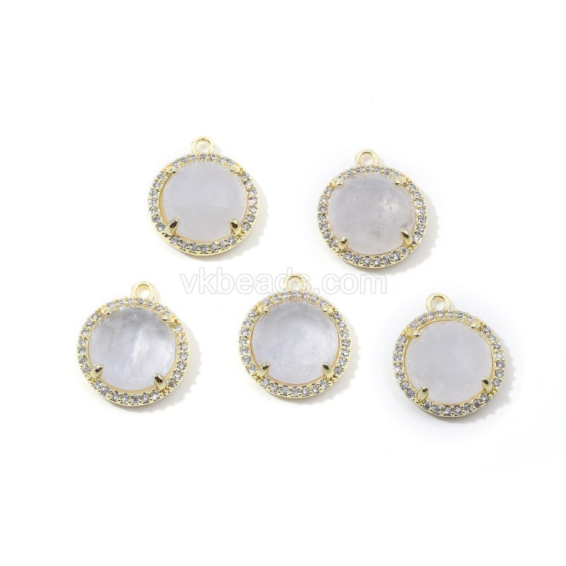 Gemstone Faceted Flat Round Charms, with Micro Pave CZ Base Metal Edge, Approx 13.5mm, Sell by Piece