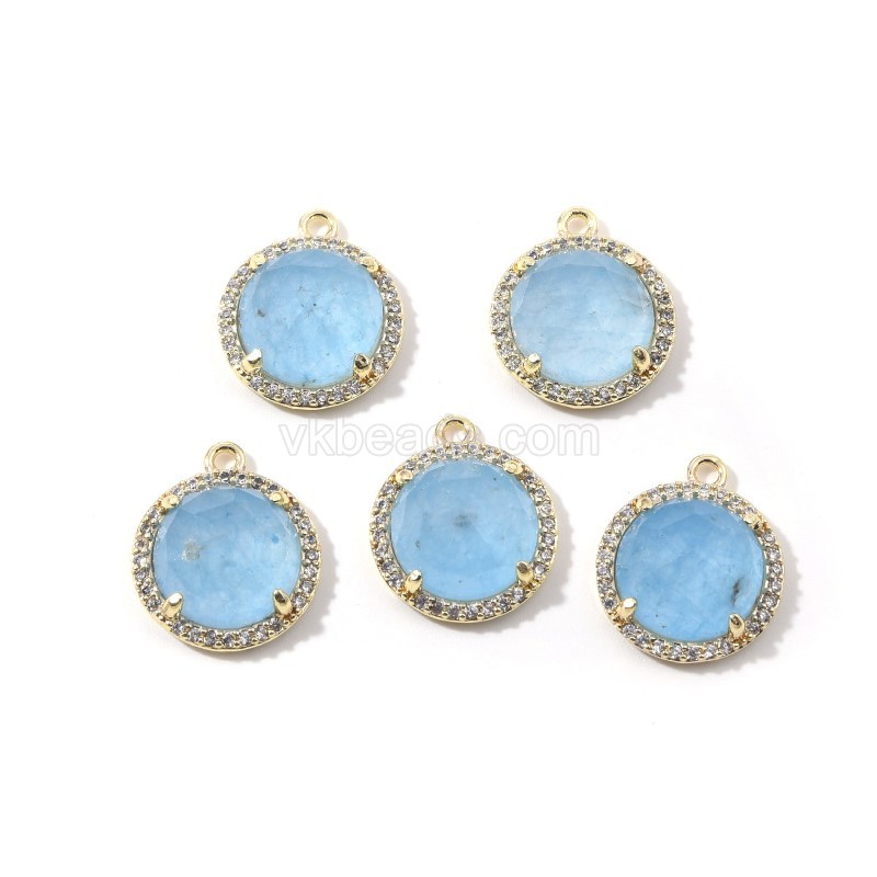 Gemstone Faceted Flat Round Charms, with Micro Pave CZ Gold Plated Base Metal Findings, Approx 13.5mm, Sell by Piece