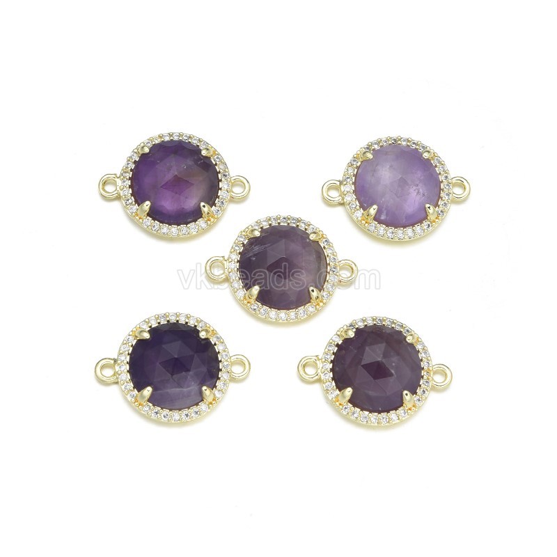 Gemstone Faceted Flat Round Double Rings Connectors, with Micro Pave CZ Base Metal Edge, Approx 13.3mm, Sell by Piece