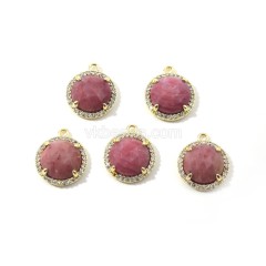 Gemstone Faceted Flat Round Charms, with Micro Pave CZ Gold Plated Base Metal Findings, Approx 13.5mm, Sell by Piece