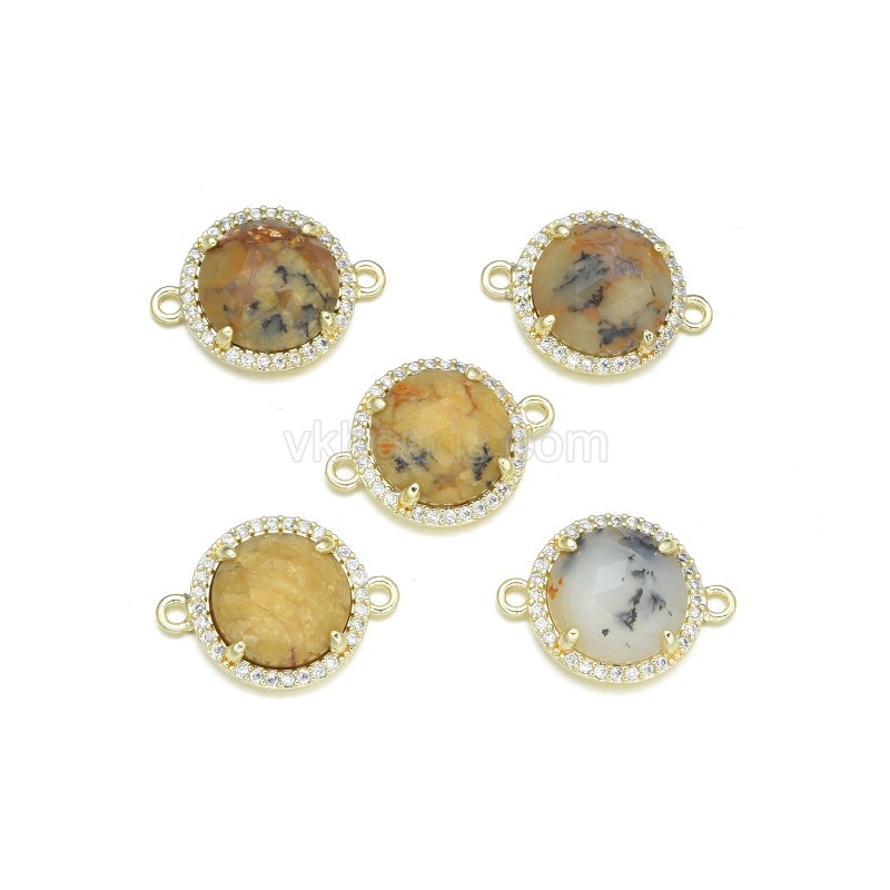 Gemstone Faceted Flat Round Double Rings Connectors, with Micro Pave CZ Base Metal Edge, Approx 13.3mm, Sell by Piece