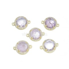Gemstone Faceted Flat Round Double Rings Connectors, with Micro Pave CZ Base Metal Edge, Approx 13.3mm, Sell by Piece