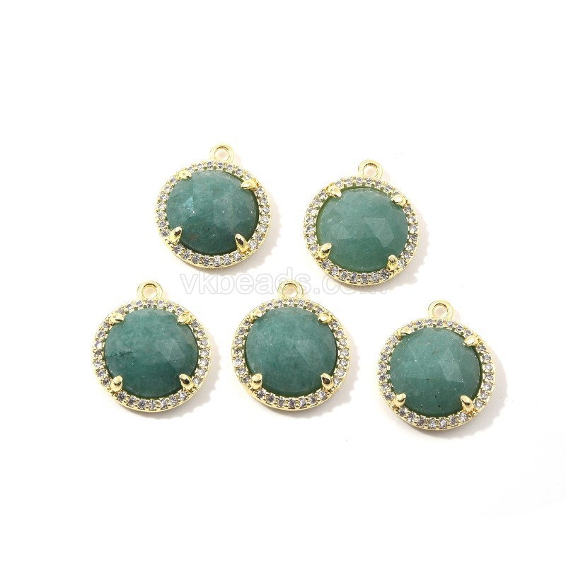 Gemstone Faceted Flat Round Charms, with Micro Pave CZ Base Metal Edge, Approx 13.5mm, Sell by Piece