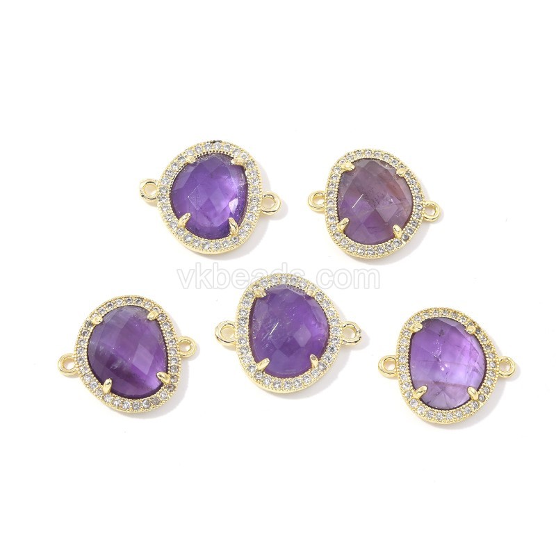 Gemstone Faceted Egg Double Rings Connectors, with Micro Pave CZ Edge, Approx 17x20mm, Sell by Piece