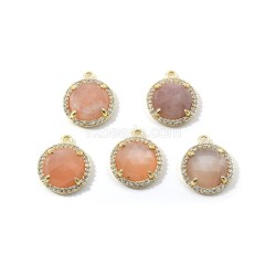 Gemstone Faceted Flat Round Charms, with Micro Pave CZ Gold Plated Base Metal Findings, Approx 13.5mm, Sell by Piece