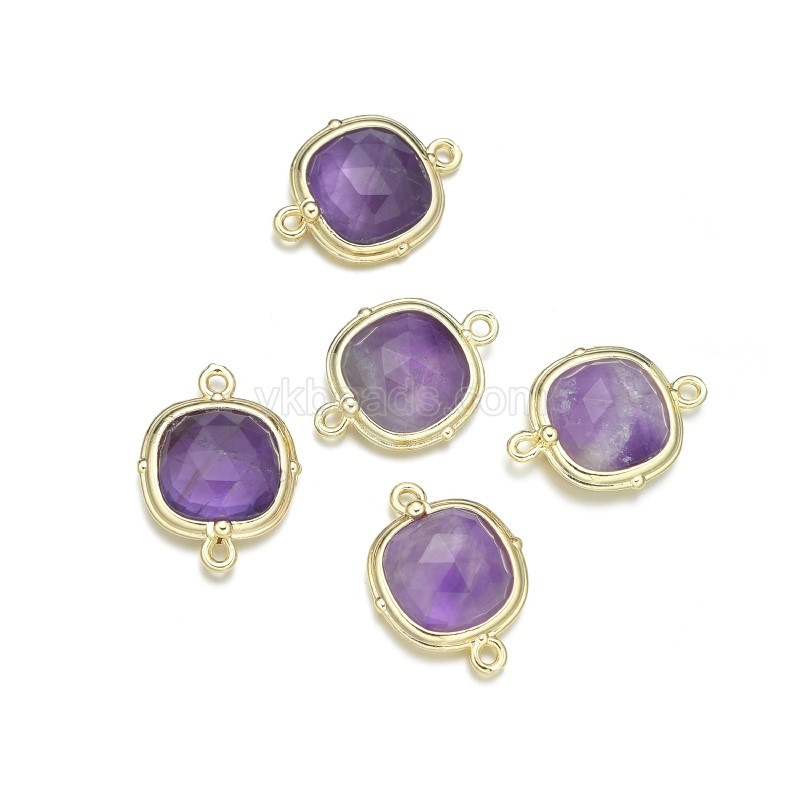 Gemstone Faceted Square Double Rings  Connectors, with Gold Plated Base Metal Findings, Approx 14mm, Sell by Piece