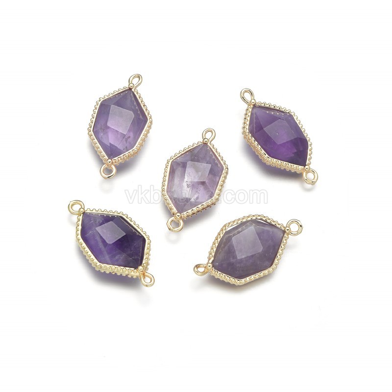 Gemstone Faceted Hexagon Double Rings Connectors with Base Metal Edge, Approx 13x25mm, Sell by Piece