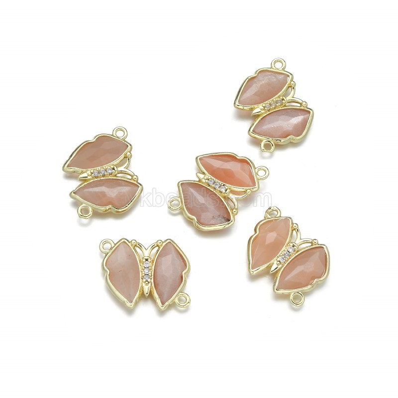 Gemstone Faceted Butterfly Diagonally Double Rings Connectors, with Micro Pave CZ Gold Plated Base Metal Findings, Approx 21x24mm, Sell by Piece