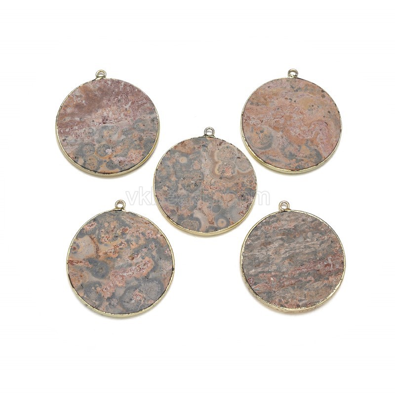Gemstone Smooth Flat Round Pendant Charms, with Gold Plated Base Metal Findings, Approx 30mm, Sell by Piece