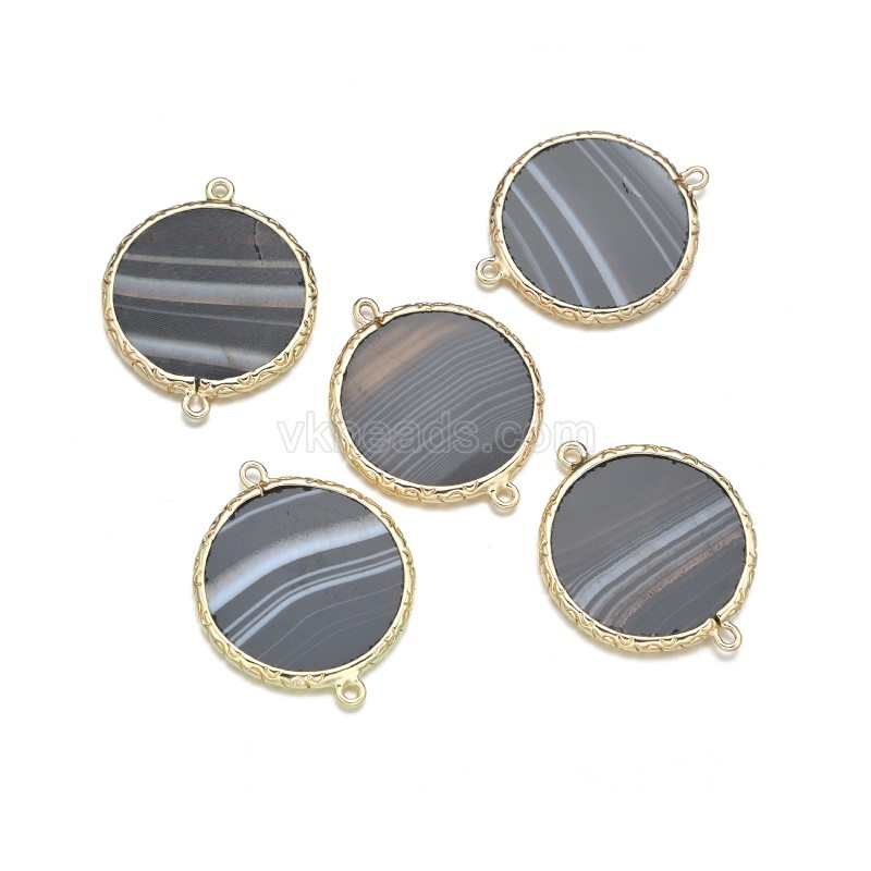 Gemstone Smooth Flat Round Doube Rings Connectors, with Gold Plated Base Metal Findings, Approx 20mm, Sell by Piece