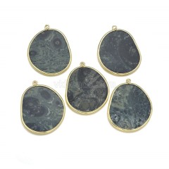 Gemstone Smooth Flat Egg Pendant Charms, with Gold Plated Base Metal Findings, Approx 27x34mm, Sell by Piece