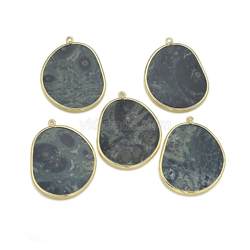 Gemstone Smooth Flat Egg Pendant Charms, with Gold Plated Base Metal Findings, Approx 27x34mm, Sell by Piece