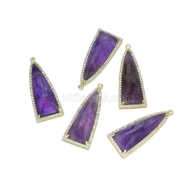 Gemstone Faceted Triangle Pendant Charms, with Micro Pave CZ Gold Plated Base Metal Findings, Approx 15x36mm, Sell by Piece