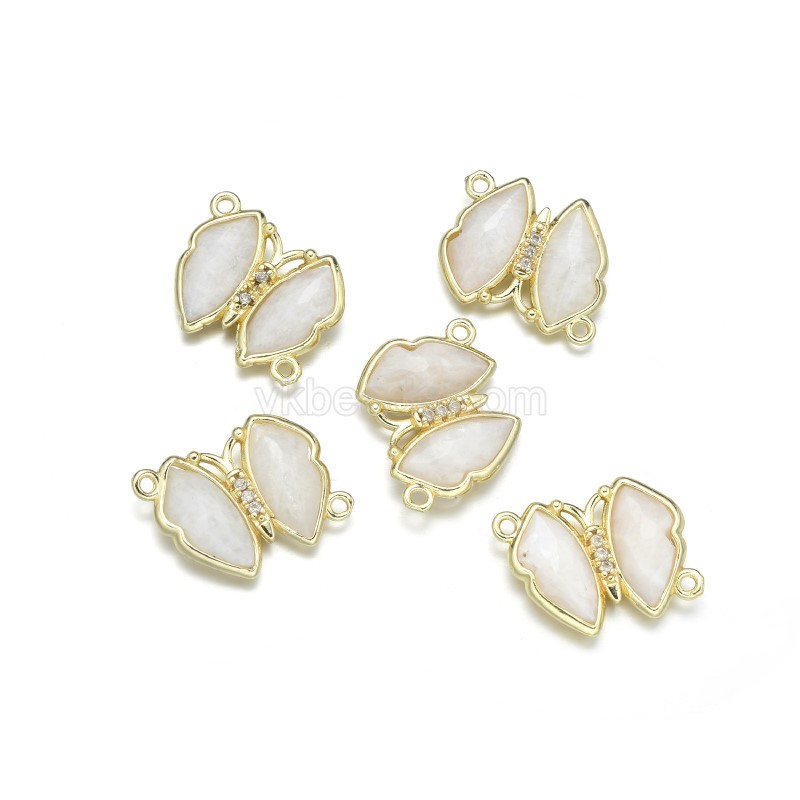 Gemstone Faceted Butterfly Diagonally Double Rings Connectors, with Micro Pave CZ Gold Plated Base Metal Findings, Approx 21x24mm, Sell by Piece
