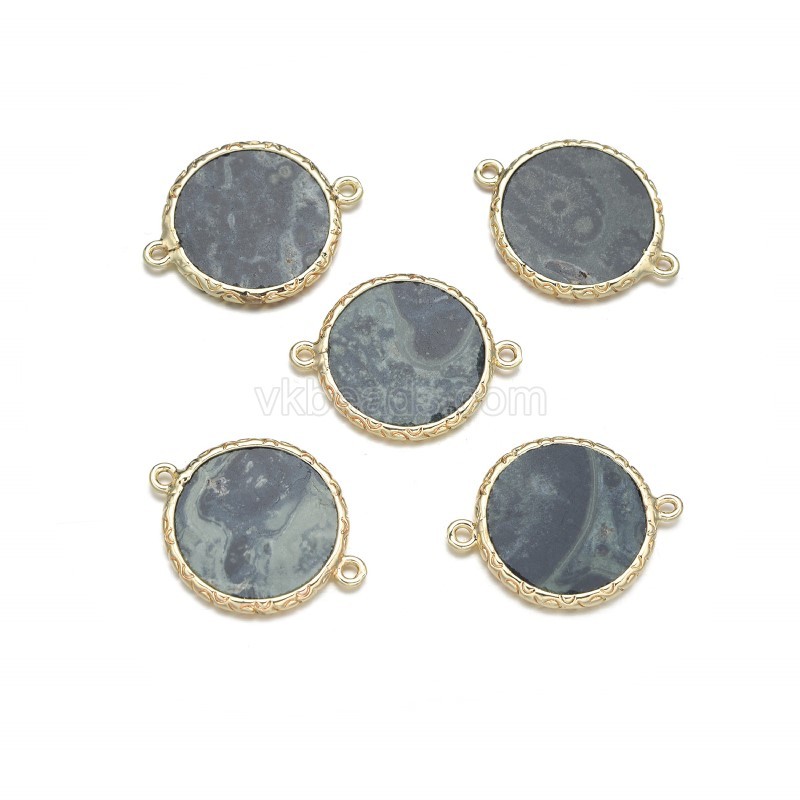 Gemstone Smooth Flat Round Doube Rings Connectors, with Gold Plated Base Metal Findings, Approx 20mm, Sell by Piece