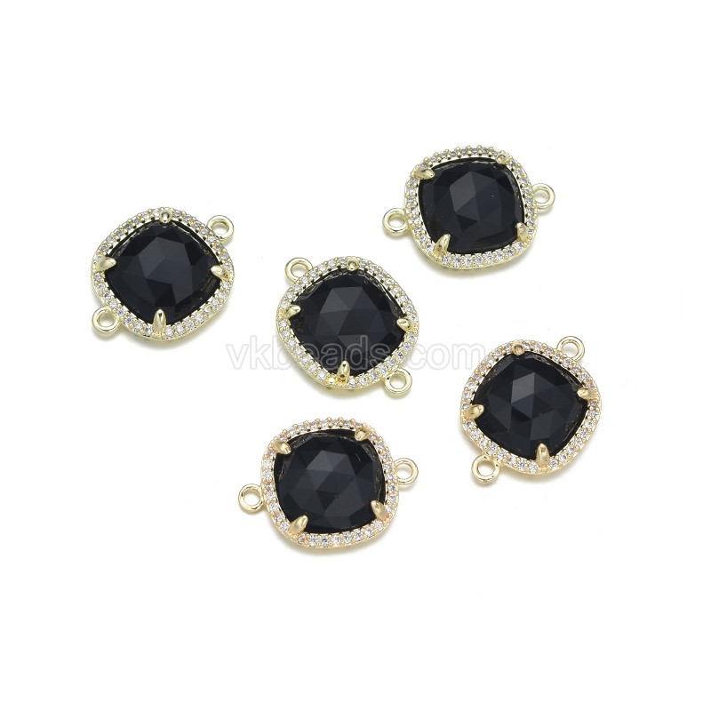 Gemstone Faceted Square Double Rings Connectors, with Micro Pave CZ Gold Plated Base Metal Findings, Approx 13.7mm, Sell by Piece