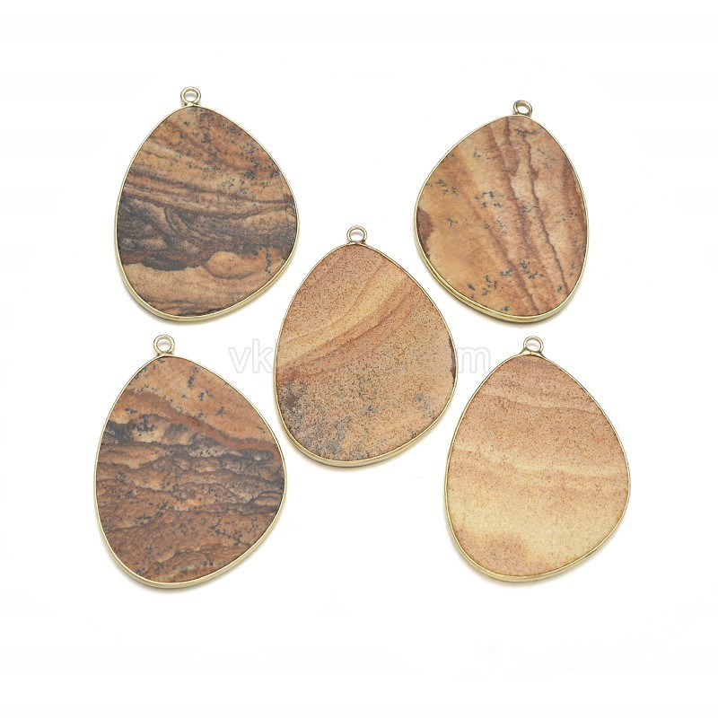 Gemstone Smooth Flat Egg Pendant Charms, with Gold Plated Base Metal Findings, Approx 30x38mm, Sell by Piece