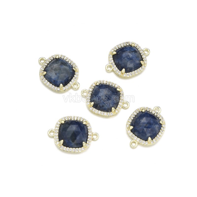 Gemstone Faceted Square Double Rings Connectors, with Micro Pave CZ Gold Plated Base Metal Findings, Approx 13.7mm, Sell by Piece