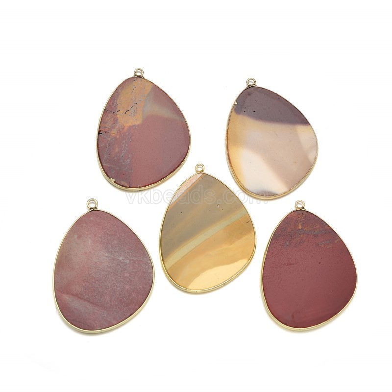 Gemstone Smooth Flat Egg Pendant Charms, with Gold Plated Base Metal Findings, Approx 30x38mm, Sell by Piece