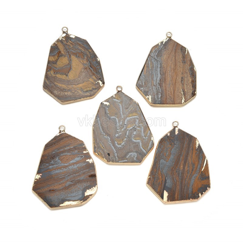 Gemstone Smooth Flat Polygon Pendant Charms, with Gold Plated Base Metal Findings, Approx 32x40mm, Sell by Piece