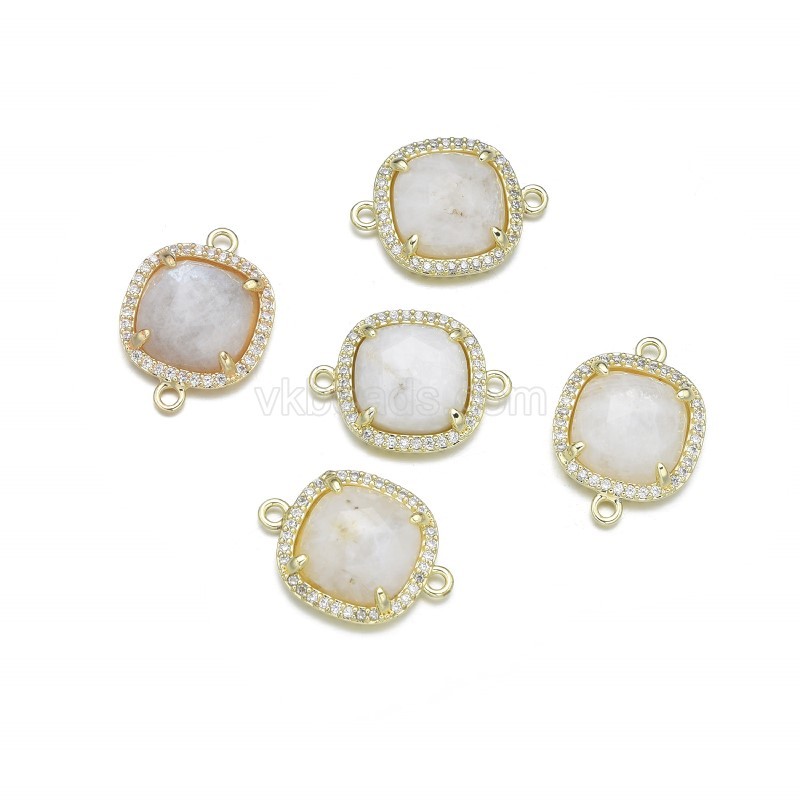 Gemstone Faceted Square Double Rings Connectors, with Micro Pave CZ Gold Plated Base Metal Findings, Approx 13.7mm, Sell by Piece
