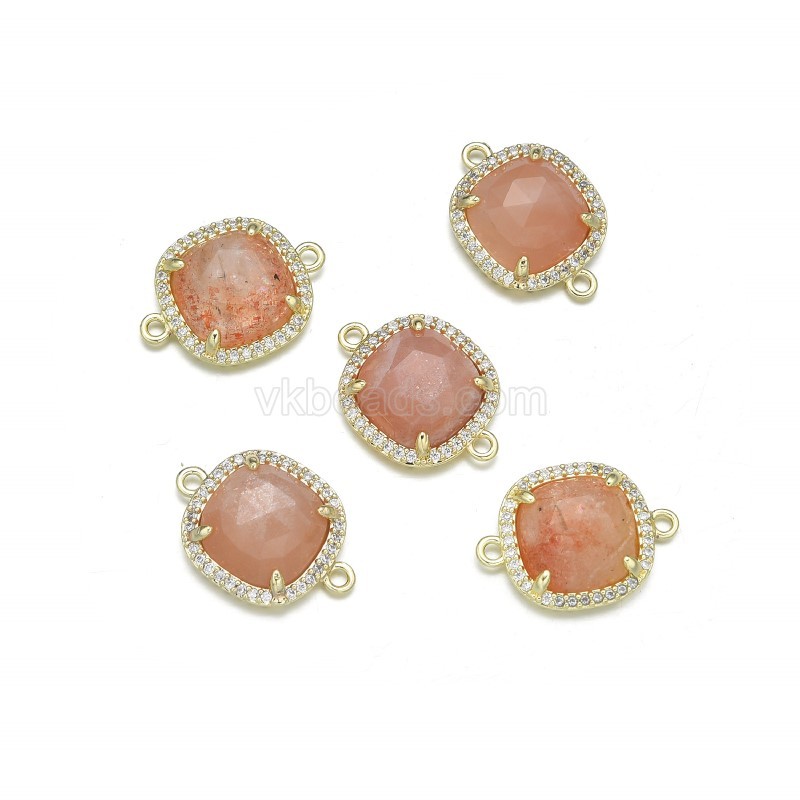 Gemstone Faceted Square Double Rings Connectors, with Micro Pave CZ Gold Plated Base Metal Findings, Approx 13.7mm, Sell by Piece