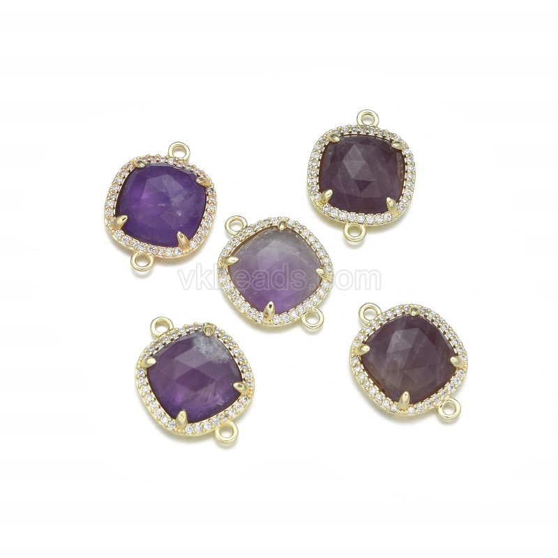 Gemstone Faceted Square Double Rings Connectors, with Micro Pave CZ Gold Plated Base Metal Findings, Approx 13.7mm, Sell by Piece