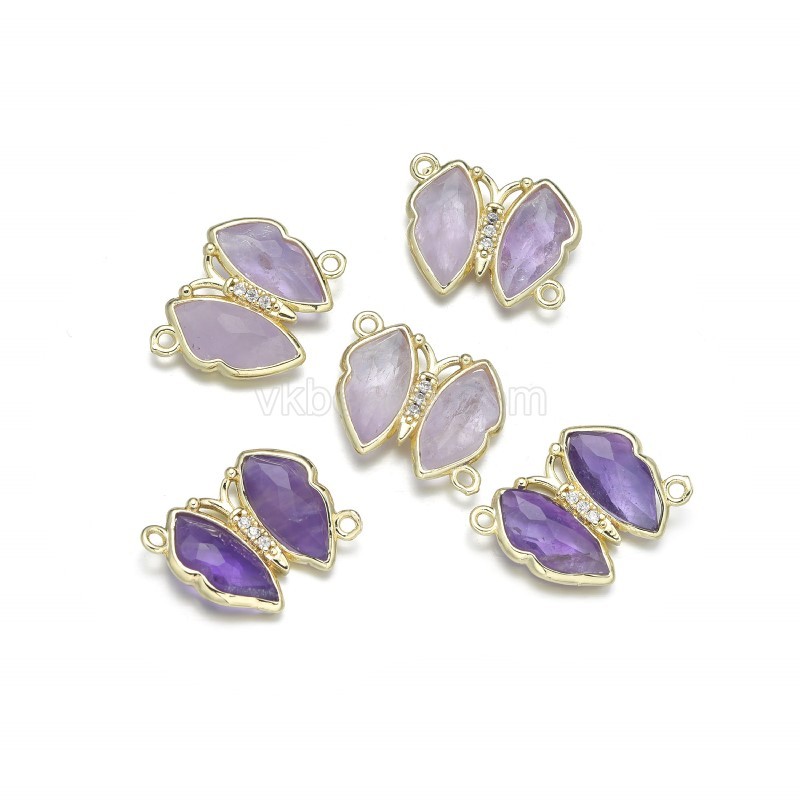 Gemstone Faceted Butterfly Diagonally Double Rings Connectors, with Micro Pave CZ Gold Plated Base Metal Findings, Approx 21x24mm, Sell by Piece