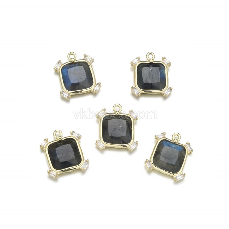 Gemstone Faceted Square Charms, with Micro Pave CZ Gold Plated Base Metal Findings, Approx 14mm, Sell by Piece