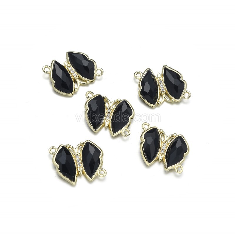 Gemstone Faceted Butterfly Diagonally Double Rings Connectors, with Micro Pave CZ Gold Plated Base Metal Findings, Approx 21x24mm, Sell by Piece