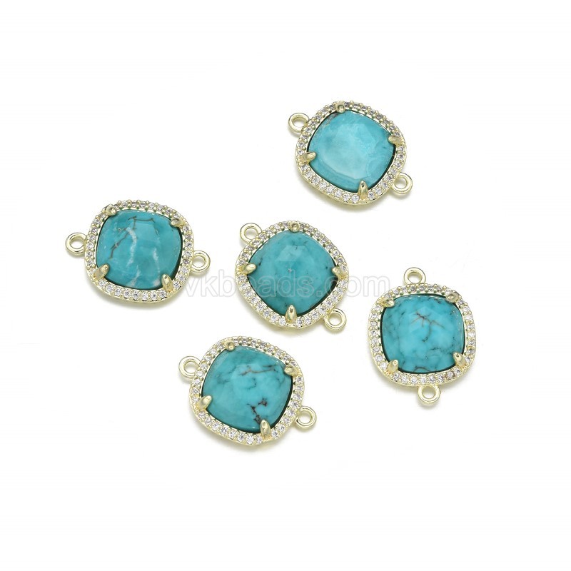 Gemstone Faceted Square Double Rings Connectors, with Micro Pave CZ Gold Plated Base Metal Findings, Approx 13.7mm, Sell by Piece