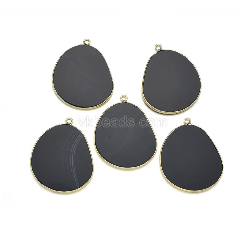 Gemstone Smooth Flat Egg Pendant Charms, with Gold Plated Base Metal Findings, Approx 27x34mm, Sell by Piece